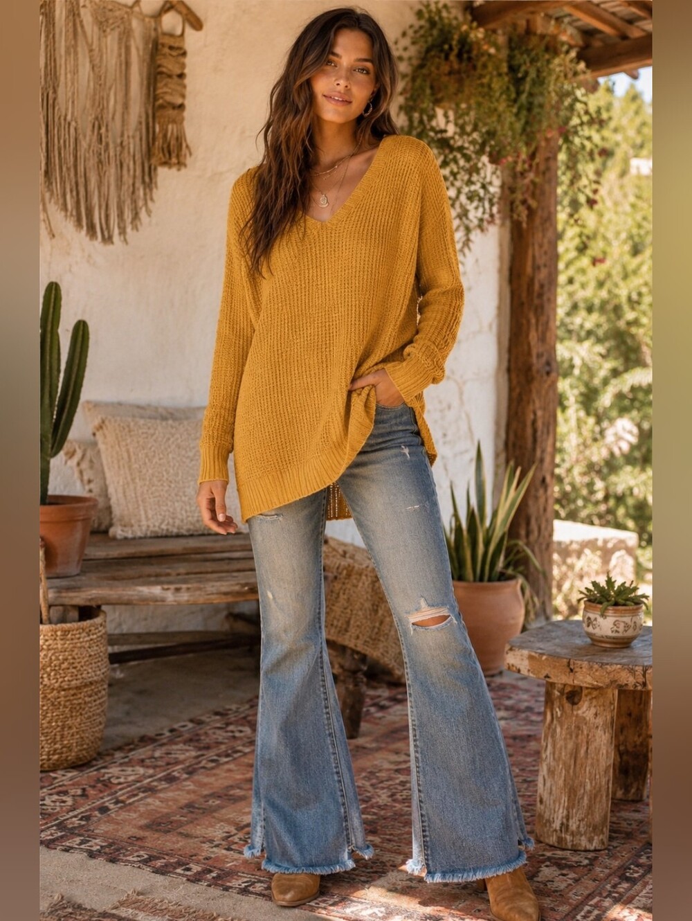 Ambiance Mustard Waffle Knit Crisscross Back Sweater Plus Size 2X